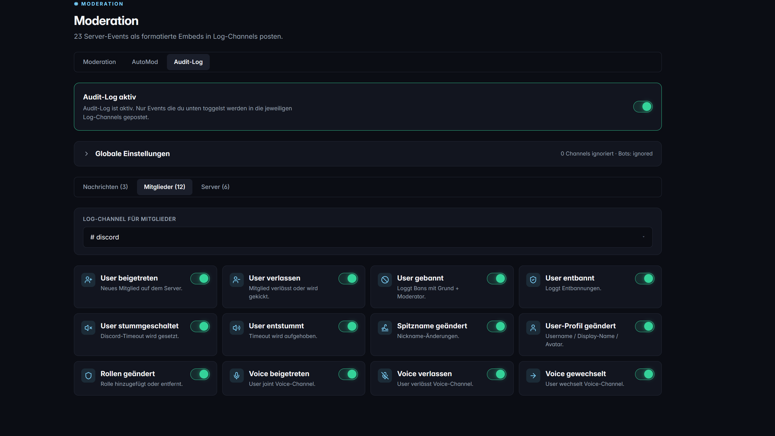TeraOne Dashboard — Audit-Log-Event-Toggles mit Channel-Routing