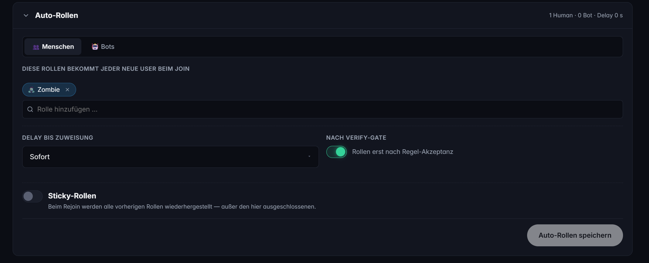 TeraOne Dashboard — Auto-Roles mit Human/Bot-Split, Delay-Picker und Sticky-Konfig