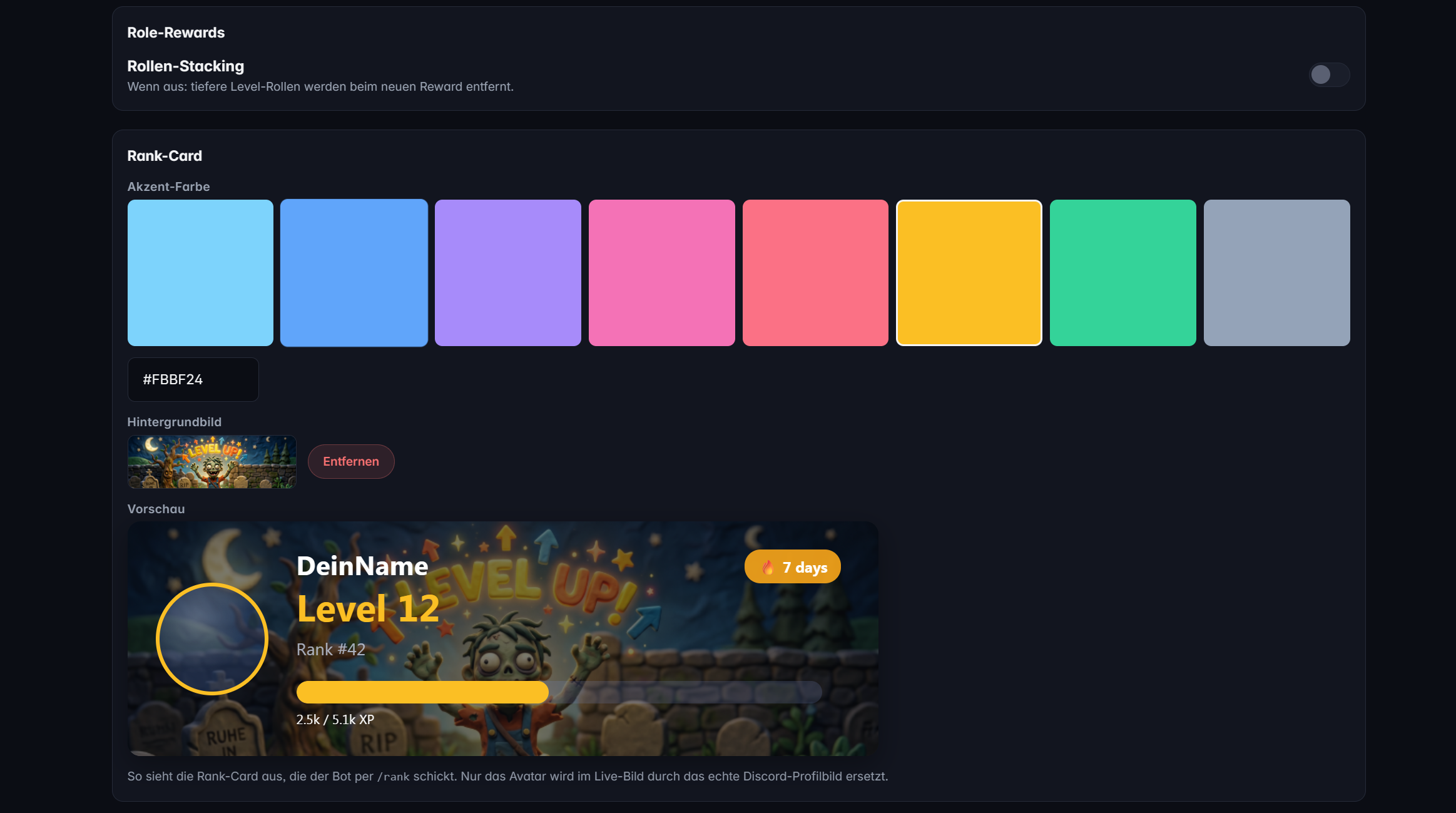 TeraOne Dashboard — Leveling-Konfiguration mit Rank-Card-Preview