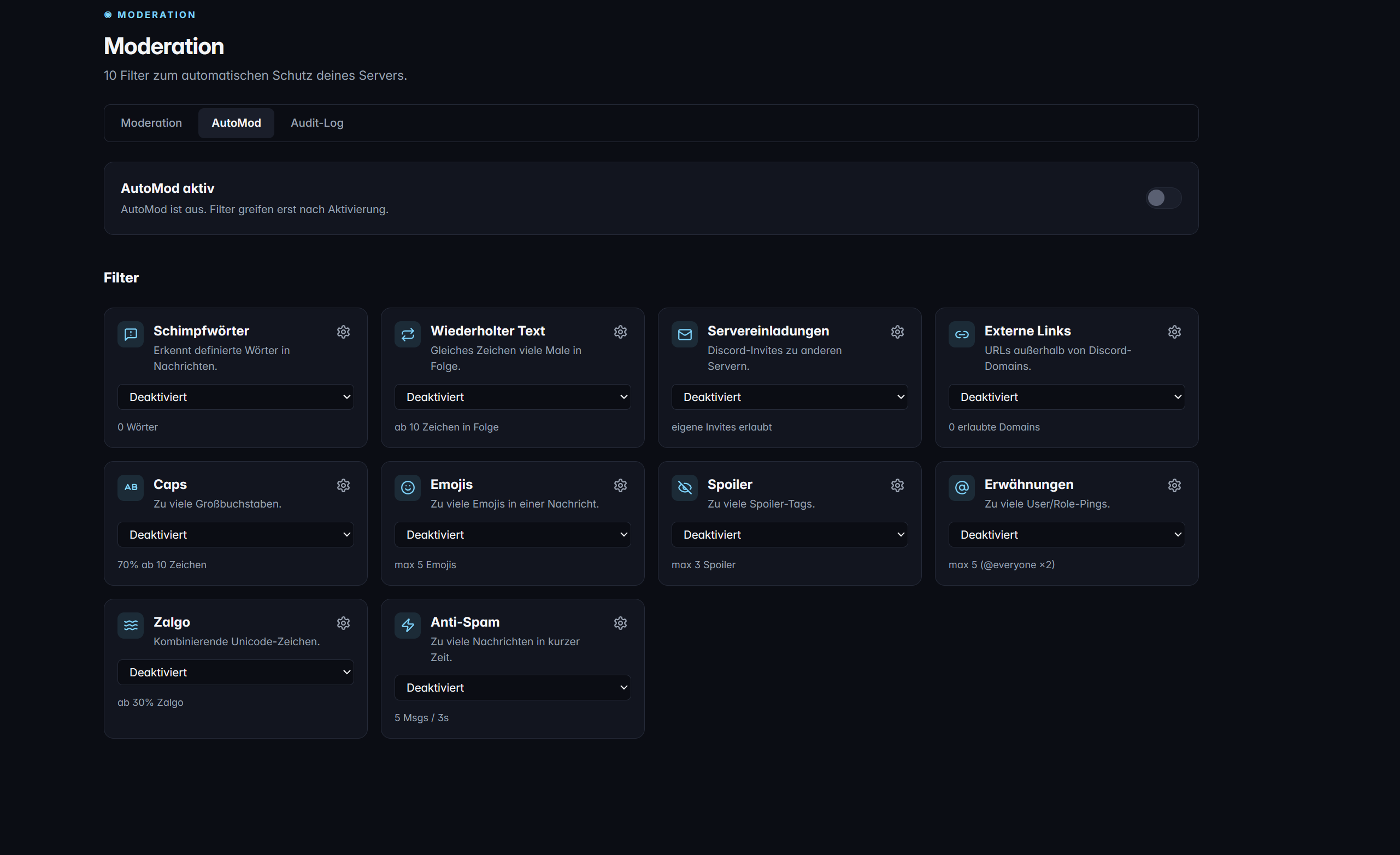 TeraOne Dashboard — AutoMod-Filter mit Moderation-Integration
