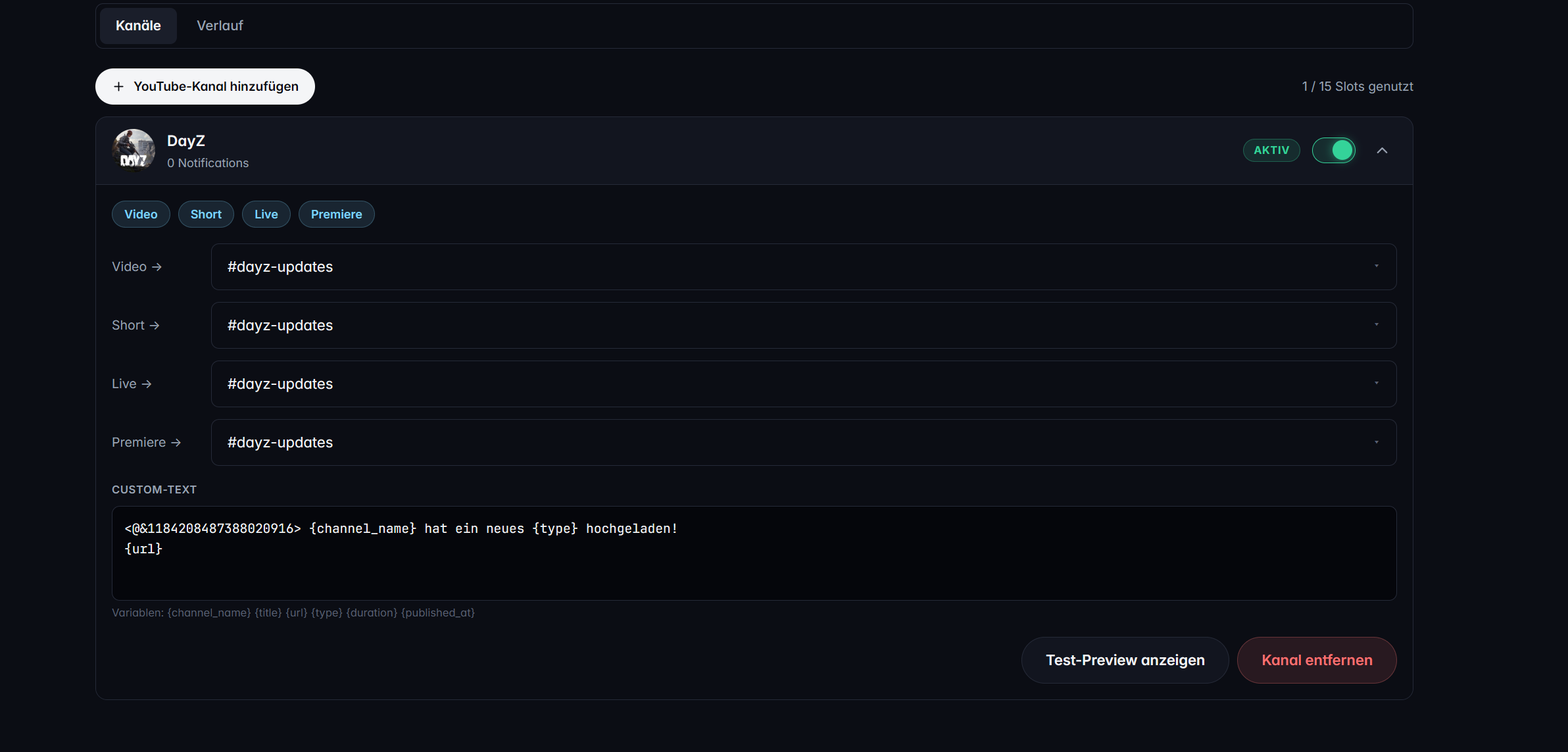 TeraOne Dashboard — YouTube-Notifications mit Kanal-Karten und Template-Editor